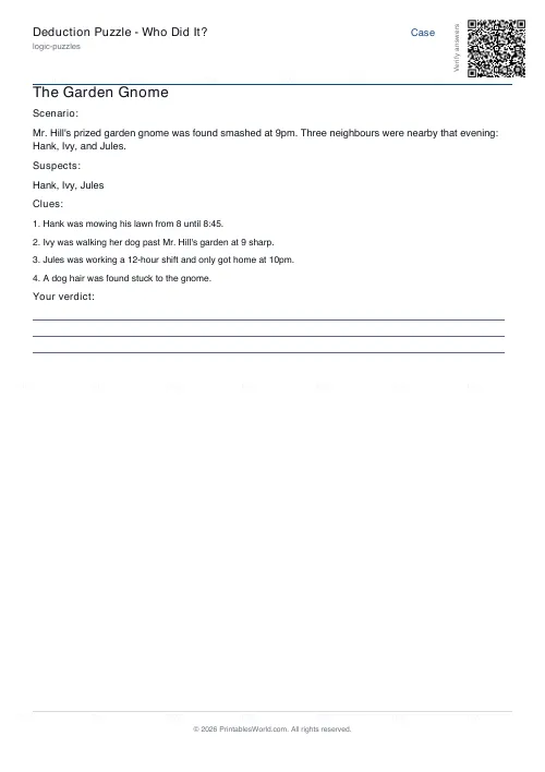 Free printable deduction puzzle (with answer key), PDF download