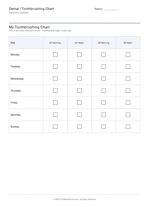 Free printable toothbrushing chart — 2 weeks — PDF download