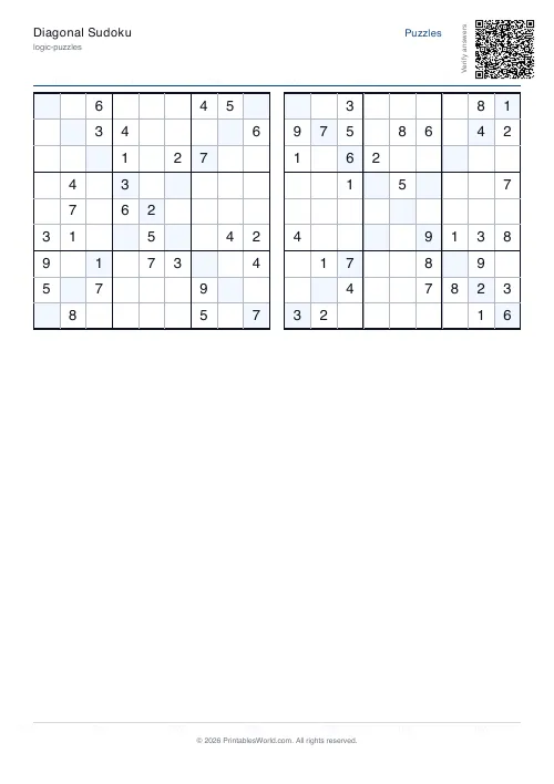 Free printable diagonal sudoku puzzle — PDF download