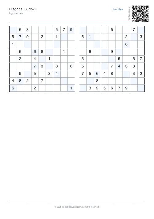 Free printable diagonal sudoku puzzle — with answer key — PDF download