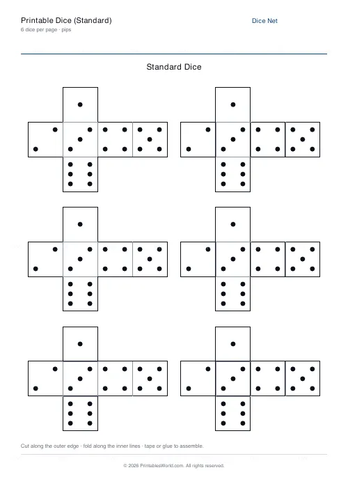 Free printable standard dice net (6), PDF download