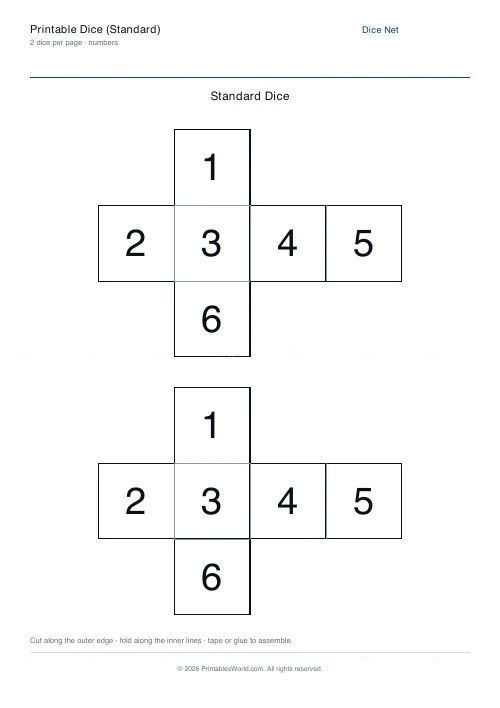 Free printable standard dice net (Numbers), PDF download