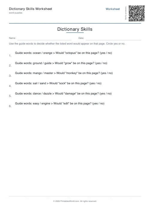Free printable dictionary skills worksheet — 6 problems — PDF download