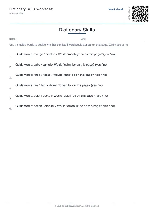 Free printable dictionary skills worksheet — 6 problems, with answer key — PDF download