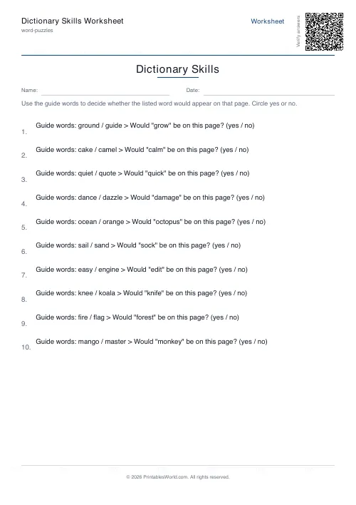 Free printable dictionary skills worksheet — 10 problems, with answer key — PDF download