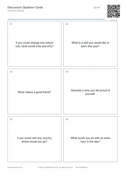 Free printable discussion Question Cards PDF — sheet 1