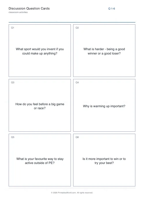 Free printable discussion question cards (PE), PDF download