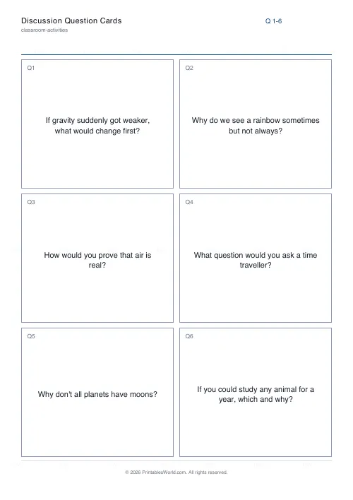 Free printable discussion question cards (Science), PDF download