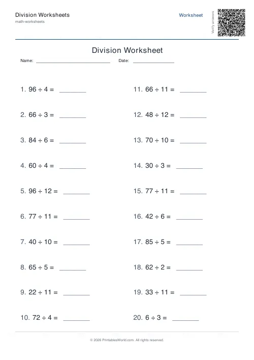 Free printable division worksheet — Up to 100 — PDF download