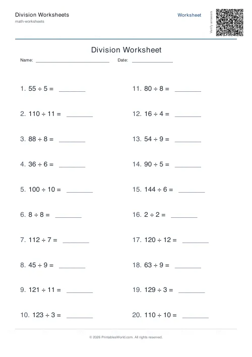Free printable division worksheet — Up to 144, with answer key — PDF download