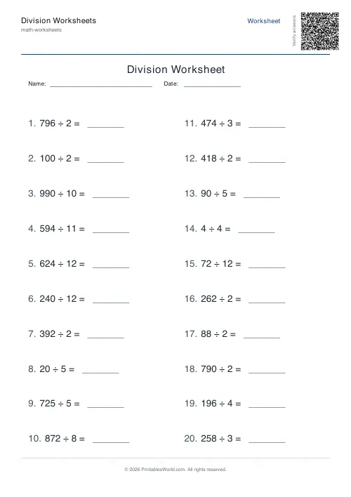 Free printable division worksheet — Up to 1000, with answer key — PDF download