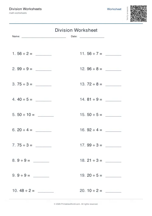 Free printable division worksheet — Up to 12, with answer key — PDF download