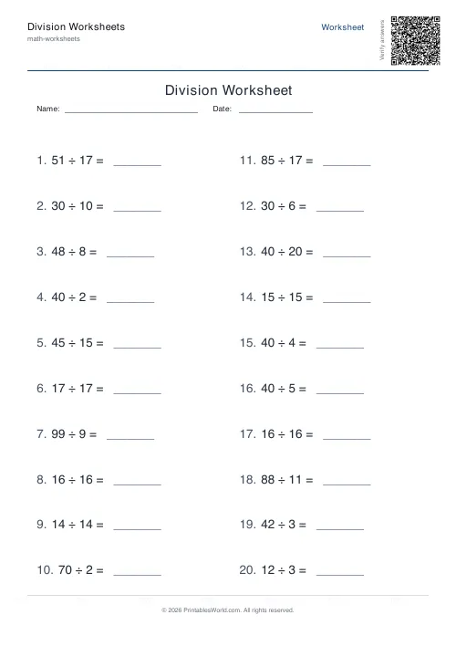 Free printable division worksheet — Up to 20, with answer key — PDF download