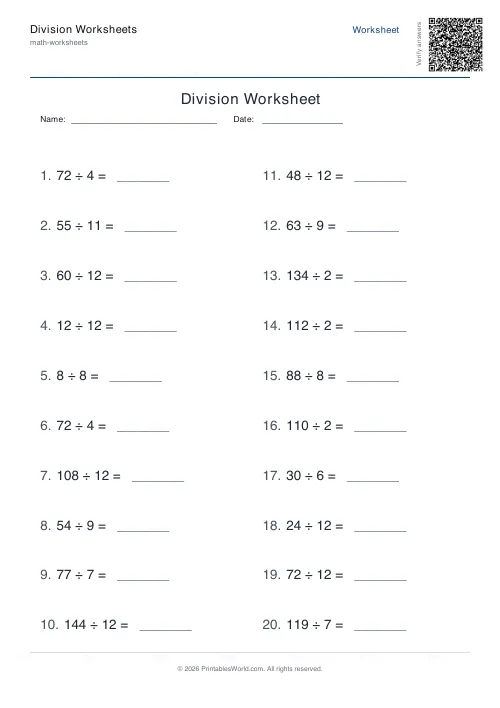 Free printable division worksheet — Up to 144 — PDF download