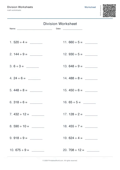 Free printable division worksheet — Up to 1000 — PDF download