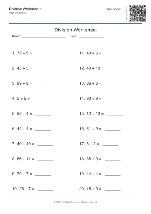 Free printable division worksheet — Up to 12 — PDF download