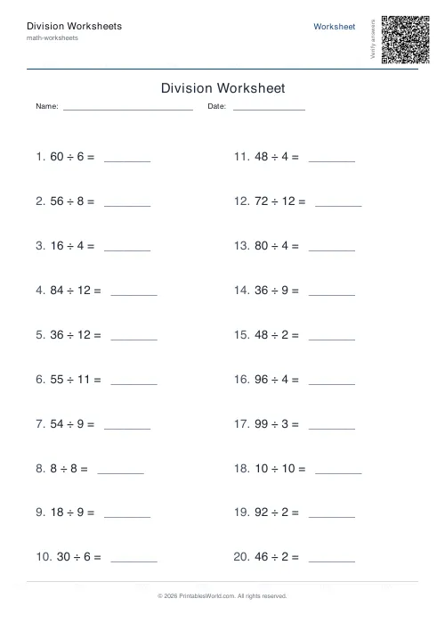 Free printable division worksheet — No remainders — PDF download
