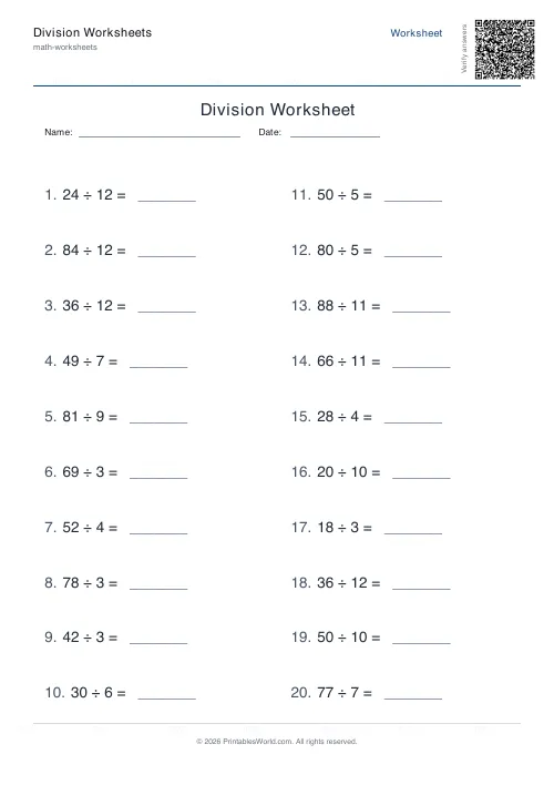 Free printable division worksheet — Up to 100, with answer key — PDF download