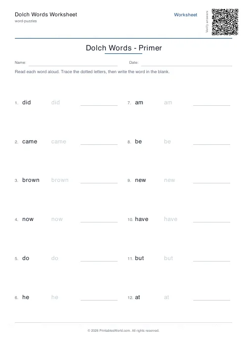 Free printable dolch sight-word practice — Primer — PDF download