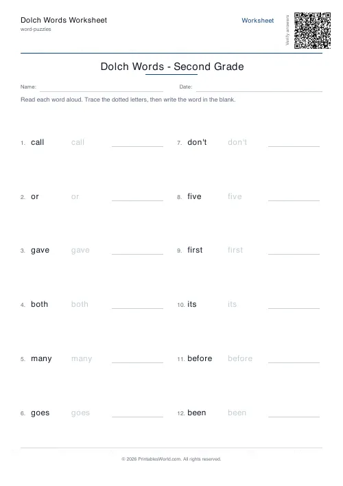 Free printable dolch sight-word practice — Second grade — PDF download