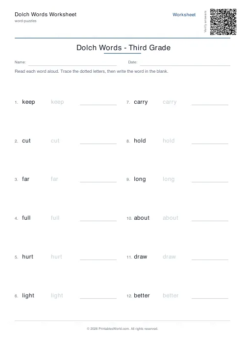 Free printable dolch sight-word practice — Third grade — PDF download