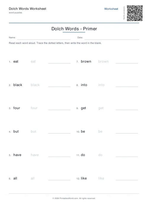 Free printable dolch sight-word practice — 12 words — PDF download