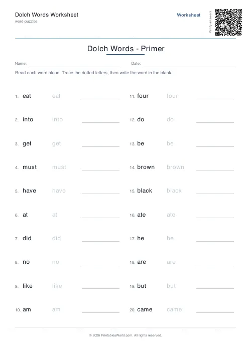 Free printable dolch sight-word practice — 20 words — PDF download
