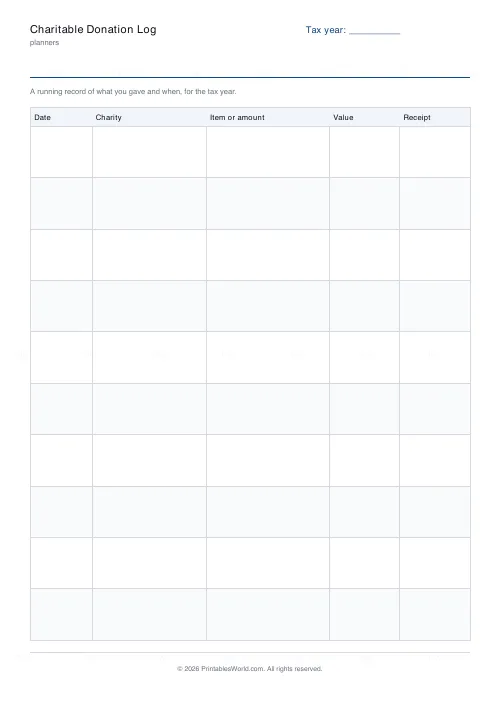 Free printable charitable donation log (10 rows), PDF download