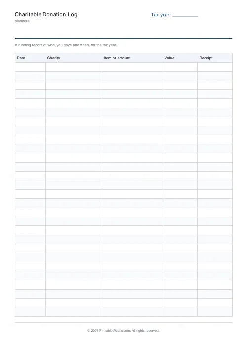 Free printable charitable donation log (28 rows), PDF download