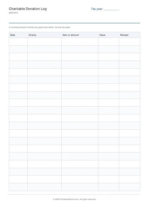Free printable charitable donation log (No name and date band), PDF download