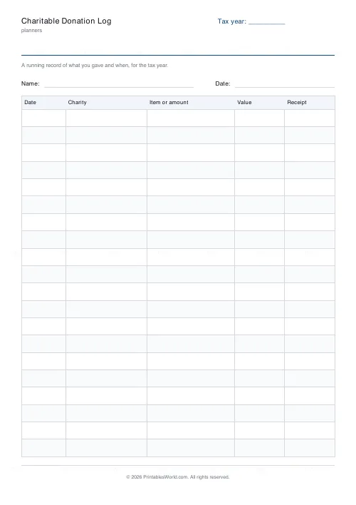 Free printable charitable donation log (With a name and date band), PDF download