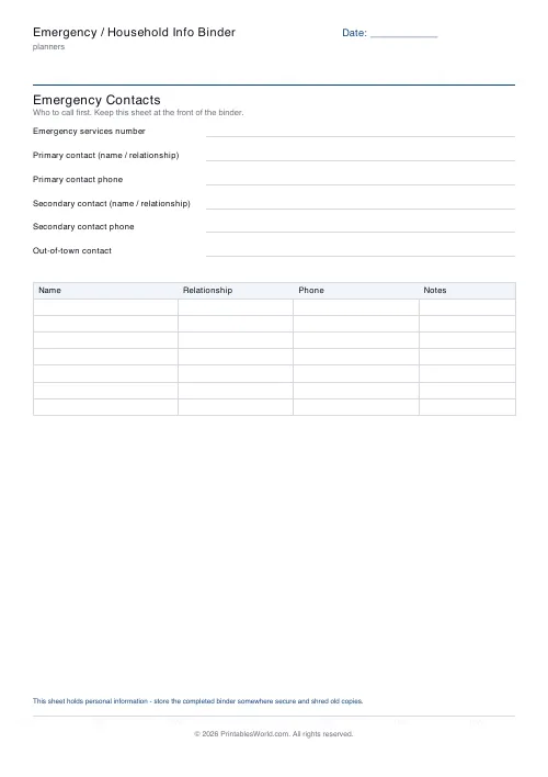 Free printable emergency / household info binder — PDF download