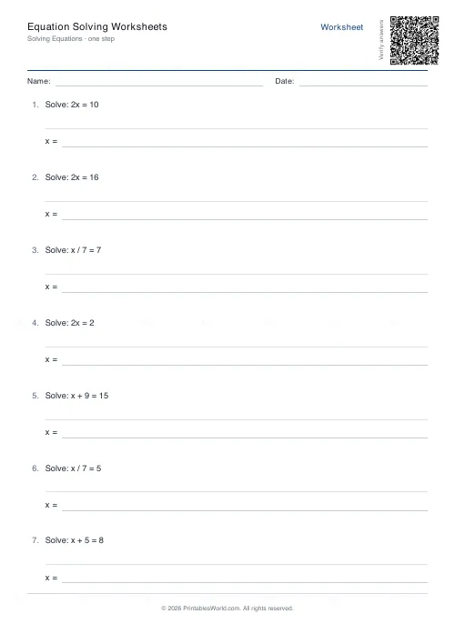Free printable equation solving worksheet (One-step), PDF download