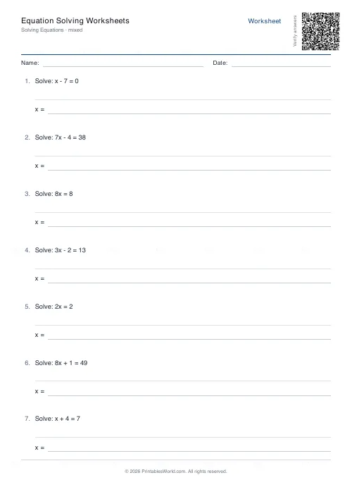 Free printable equation solving worksheet (Mixed, with answer key), PDF download