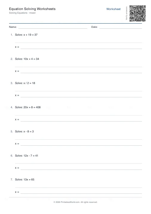 Free printable equation solving worksheet (Up to 20, with answer key), PDF download