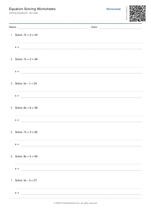 Free printable equation solving worksheet (Two-step), PDF download