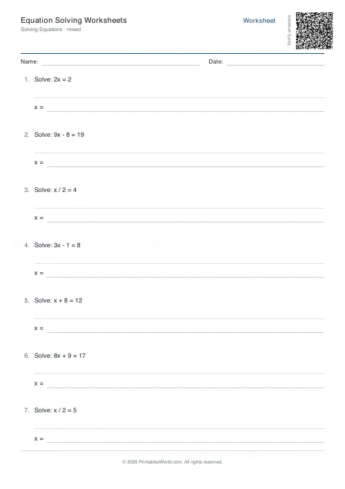 Free printable equation solving worksheet (Mixed), PDF download