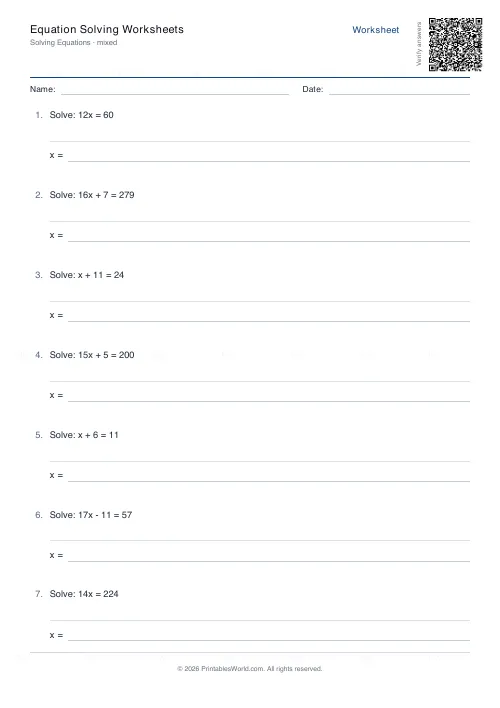 Free printable equation solving worksheet (Up to 20), PDF download