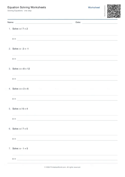 Free printable equation solving worksheet (One-step, with answer key), PDF download