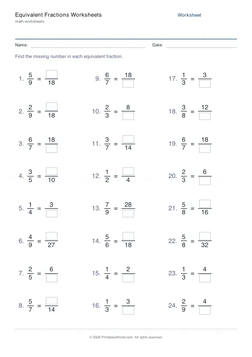 Free printable equivalent fractions worksheet (Up to 4), PDF download