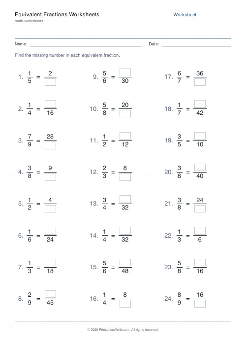 Free printable equivalent fractions worksheet (Up to 8), PDF download