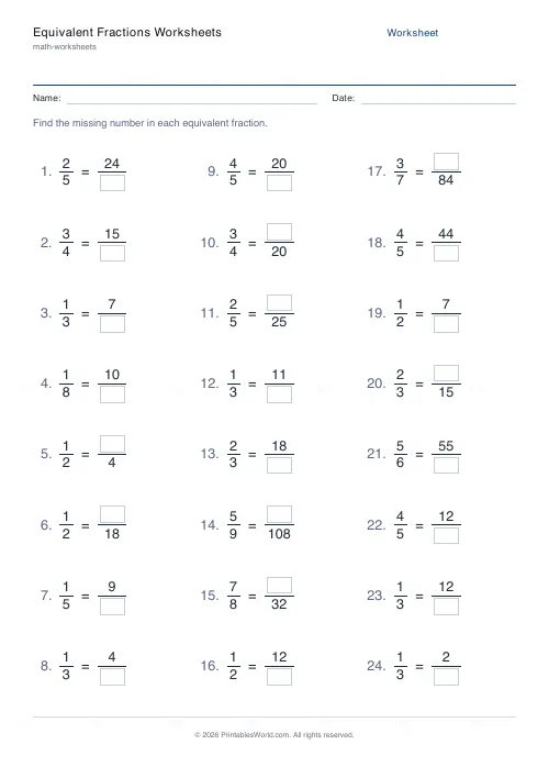 Free printable equivalent fractions worksheet (Up to 12), PDF download