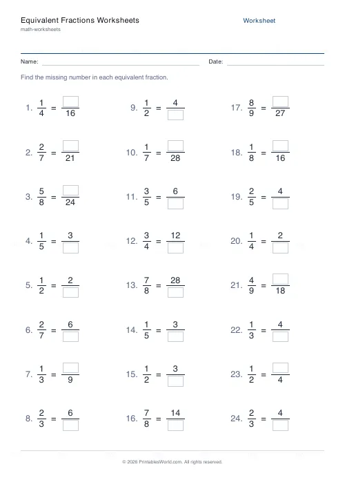 Free printable equivalent fractions worksheet (Up to 4, with answer key), PDF download