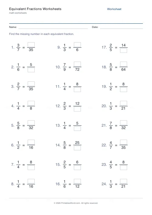 Free printable equivalent fractions worksheet (Up to 8, with answer key), PDF download