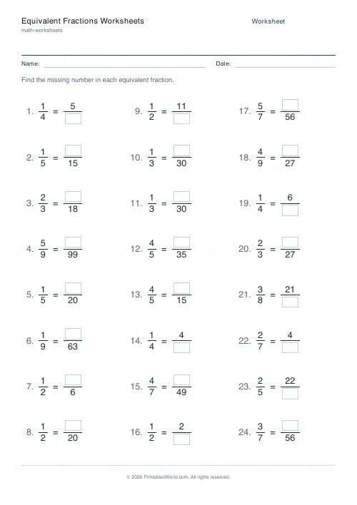 Free printable equivalent fractions worksheet (Up to 12, with answer key), PDF download