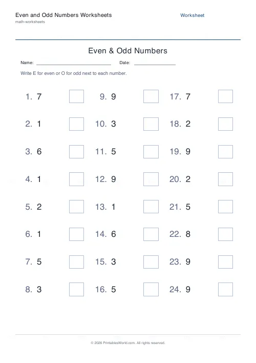 Free printable even and odd numbers worksheet (1-digit), PDF download