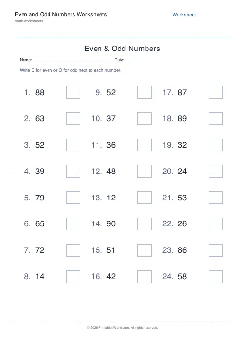 Free printable even and odd numbers worksheet (2-digit), PDF download