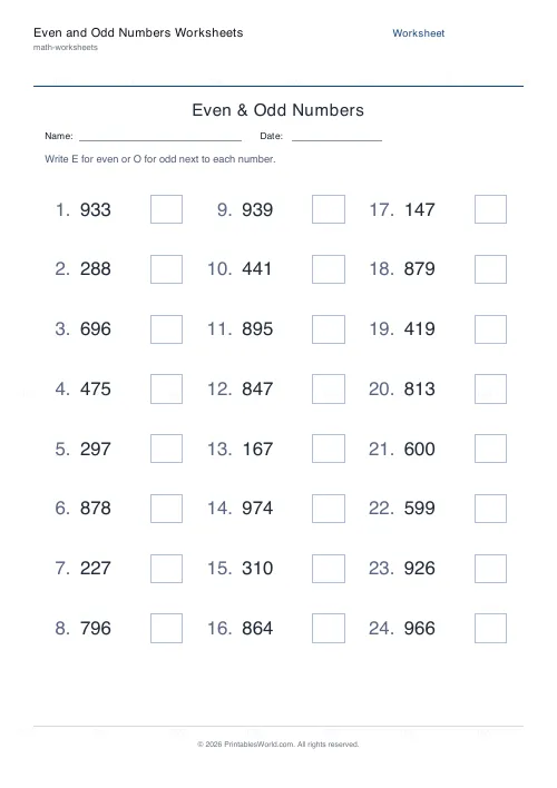 Free printable even and odd numbers worksheet (3-digit), PDF download