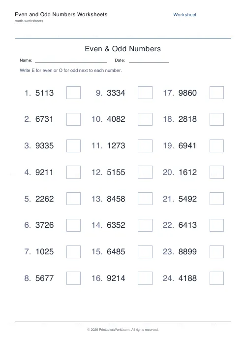 Free printable even and odd numbers worksheet (4-digit), PDF download