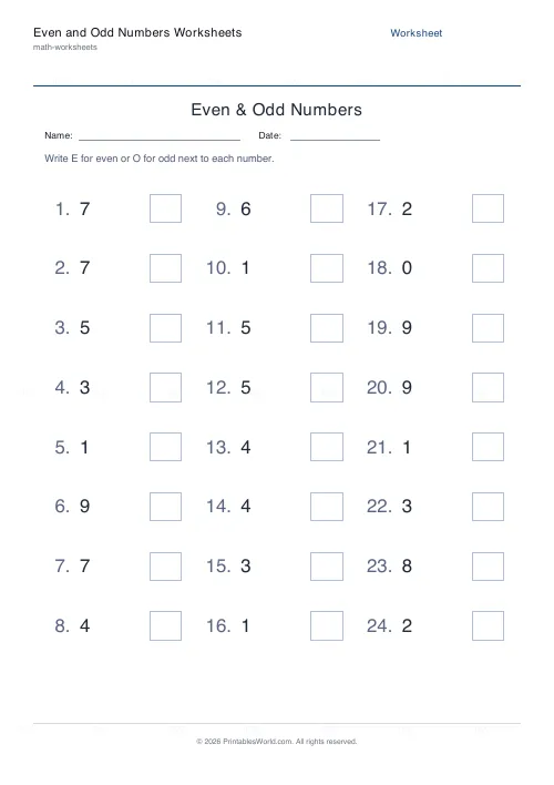 Free printable even and odd numbers worksheet (1-digit, with answer key), PDF download